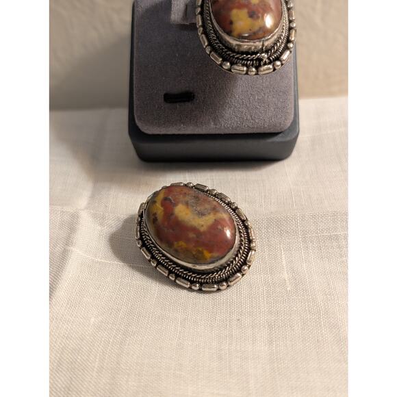 Vintage Large Chunky Bezel Set Jasper Stone Silver Tone Clip On Earrings - Picture 7 of 7